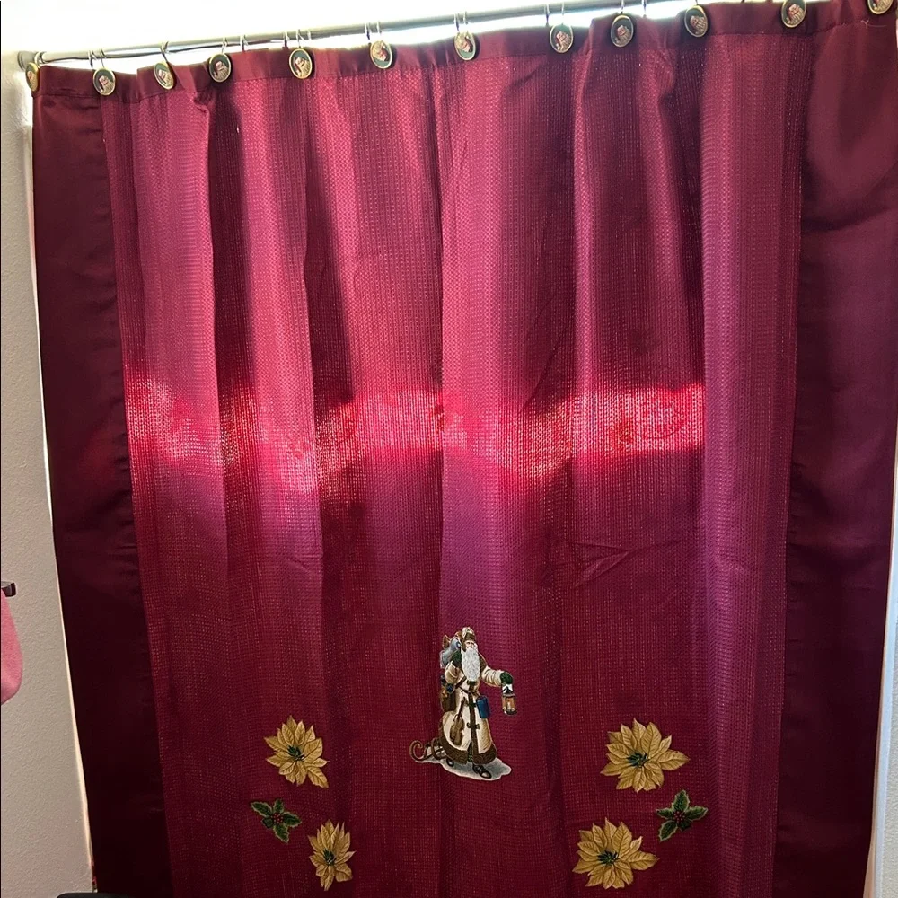 holiday shower curtain and 2 small towels Santa w/Floral appliqués handmade